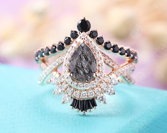 Vintage pear Black Rutilated Quartz engagement ring black diamond ring rose gold Black onyx ring moissanite twisted Infinity Bridal ring