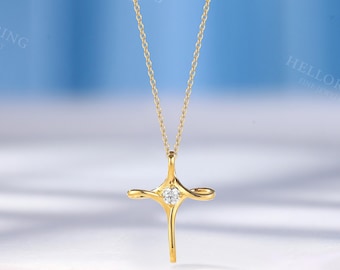 Modern Curved Cross Pendant, Criss Cross with Moissanite Necklace, 14K Solid Gold Religious Jewelry, Daily Wear Faith Necklace, Gift for Her