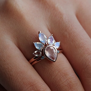 Rose quartz engagement ring set Women Moonstone wedding band Rose gold London Blue Topaz Pear shaped Marquise cut ring Anniversary ring