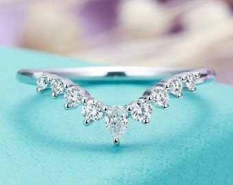 Vintage Pear Diamond Curved Wedding Band, 14K White Gold Ring, Chevron Stackable Matching Moissanite Ring, Unique Promis Ring - HelloRing