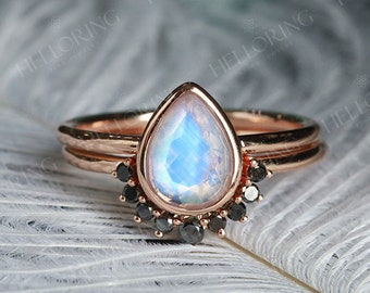 Moonstone Engagement ring set Rose gold Black diamond Vintage Wedding band Women Art deco Curved Unique Pear cut Anniversary Promise ring