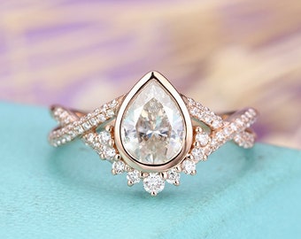 Vintage Moissanite Engagement Ring Pear shaped Rose Gold wedding ring Twisted diamond moissanite ring Art deco Bridal ring promise ring
