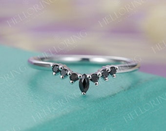 Black onyx Black diamond curved wedding band Women Marquise cut Unique Delicate Bridal Art deco Matching Anniversary Birthday Promise ring