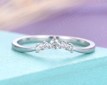 Curved wedding band Diamond wedding band Women Chevron Unique Bridal ring Matching Stacking Dainty Five stone Anniversary Promise ring