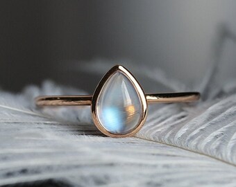 Pear Shaped Moonstone Engagement Ring Rose gold bezel set Simple wedding bridal Art deco  ring Birthstone Modern Promise Anniversary ring