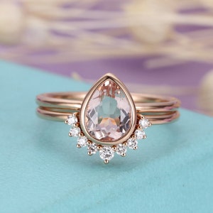 Morganite Engagement Ring set Vintage Rose Gold Diamond curved Wedding band Women Pear Shaped bezel set Stacking Anniversary ring image 6