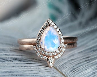 Pear cut Moonstone engagement ring Set Vintage Rose gold Diamond moissanite wedding band Art deco Vintage Halo Anniversary Promise ring