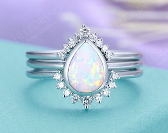 Lab opal engagement ring set white gold Curved wedding band diamond Women Pear cut Art deco Chevron Stacking Promise Anniversary ring