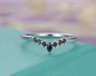 Black onyx Black diamond curved wedding band Women Marquise cut Unique Delicate Bridal Art deco Matching Anniversary Birthday Promise ring