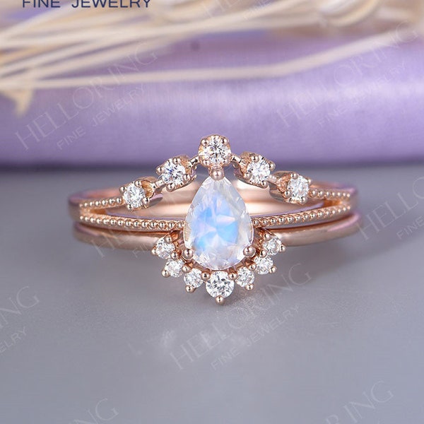Moonstone engagement ring set Rose gold Vintage Curved wedding band Women Diamond Simple Crown Pear June Birthstone Anniversary ring