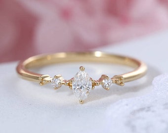 Marquise cut diamond engagement ring yellow gold Simple Three stone Cluster engagement ring Bridal Dainty wedding Promise Anniversary ring