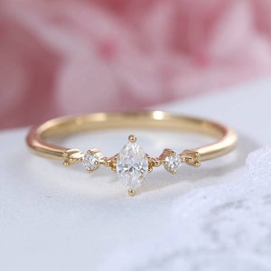 Marquise cut diamond engagement ring yellow gold Simple Three stone Cluster engagement ring Bridal Dainty wedding Promise Anniversary ring