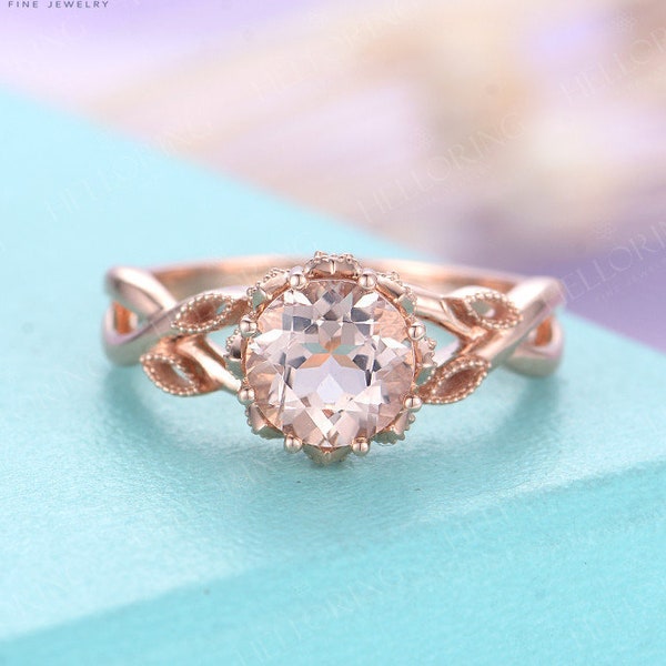 Morganite engagement ring rose gold engagement ring vintage Art deco Antique diamond wedding ring  Bridal Promise Anniversary ring