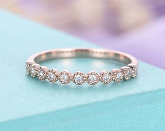 Rose gold Wedding band diamond vintage Half eternity band Dainty Simple Delicate Stacking Bridal Promise Milgrain Matching band