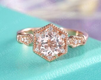 Morganite Vintage Engagement Ring Rose Gold Round cut Unique Antique Art Deco Diamond Wedding Bridal set Promise Anniversary ring