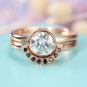 Engagement ring set White gold engagement ring Vintage Moissanite Curved Black diamond wedding  Antique Stacking Bridal Anniversary ring