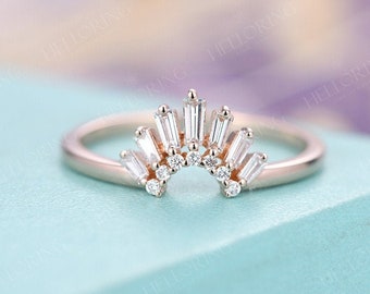 Rose gold Wedding band Curved Wedding band Baguette diamond Vintage Antique Bridal Unique Stacking Matching Anniversary Promise ring