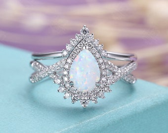 Vintage Opal Engagement ring set White gold wedding ring set unique Pear shaped wedding ring Halo diamond moissanite Anniversary ring set