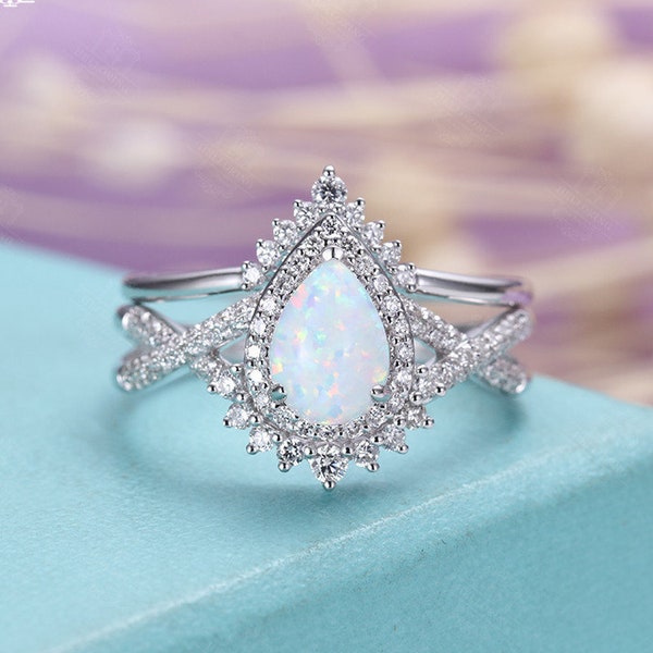 Vintage Opal Engagement ring set White gold wedding ring set unique Pear shaped wedding ring Halo diamond moissanite Anniversary ring set