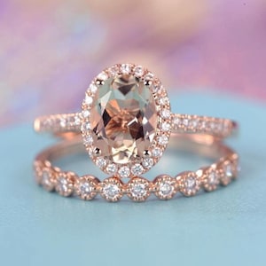 Vintage Oval Morganite Engagement Ring Set, Rose Gold Ring Set, Art Deco Halo Diamond Wedding Band, Half Eternity Band, Bridal Ring Set