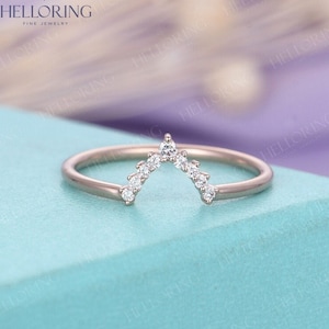 Diamond Wedding Band Rose gold Curved wedding band Women Chevron Ring Unique Bridal Art deco Matching Stacking Ring Promise Anniversary ring