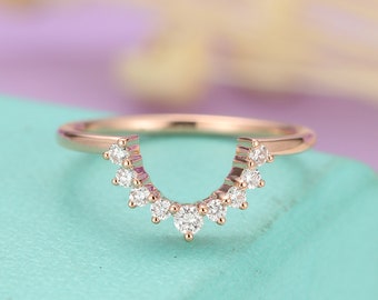 Curved Wedding Band Women Moissanite Half Eternity antique vintage Bridal Unique Delicate Yellow gold Stacking Promise ring