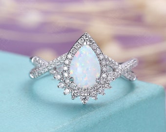 Engagement ring White gold Women Pear shaped Opal Halo diamond moissanite Vintage Promise Micro pave Half eternity Twisted band