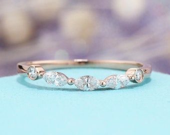 White gold Curved wedding band vintage Marquise diamond round cut bezel set Alternative Dainty Stacking Delicate Promise Matching band