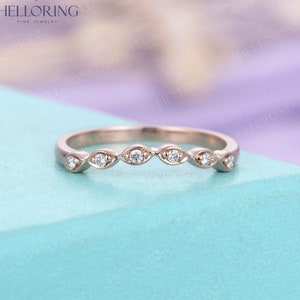 Curved Art Deco Wedding Band Diamond Antique Rose Gold Milgrain Vintage Bridal Set Stacking Ring Half Eternity Unique Promise ring