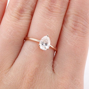 Moissanite FOREVER ONE moissanite engagement ring Rose gold Art deco prong set Pear cut Vintage Bridal simple Anniversary Promise ring