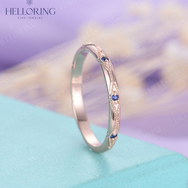 Vintage Sapphire wedding band Rose gold band Unique straight Matching band Art deco Bridal band half eternity Anniversary band