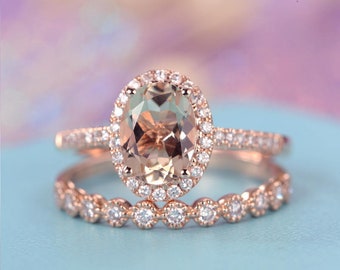 Oval Morganite engagement ring set Rose gold Vintage Halo Diamond Moissanite Wedding band Art deco Half Eternity band Anniversary ring