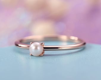 Pearl engagement ring rose gold Simple Minimalist engagement ring Dainty Delicate Akoya Solid gold ring art deco Promise Anniversary ring