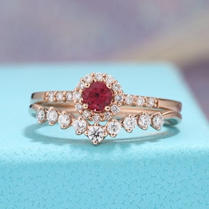 Ruby Engagement Ring rose gold curved wedding band Art Deco Unique Vintage Diamond July birthstone Bridal set Women Anniversary ring image 1