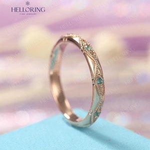 Art Deco Emerald Wedding Band, Rose Gold Milgrain Band, Stackable Matching Gems Band, Sapphire Ring, Aquamarine Ring, Women&#39;s Wedding Band