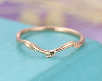 Curved wedding band Unique rose gold wedding band Women Plain gold Leaf ring Matching band Nature inspired ring Promise Anniversary ring
