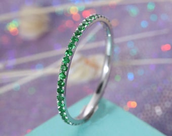 Lab Emerald Full Eternity band Wedding Band Women Stacking ring 14K White Gold Bridal set Birthstone matching band Anniversary Promise ring