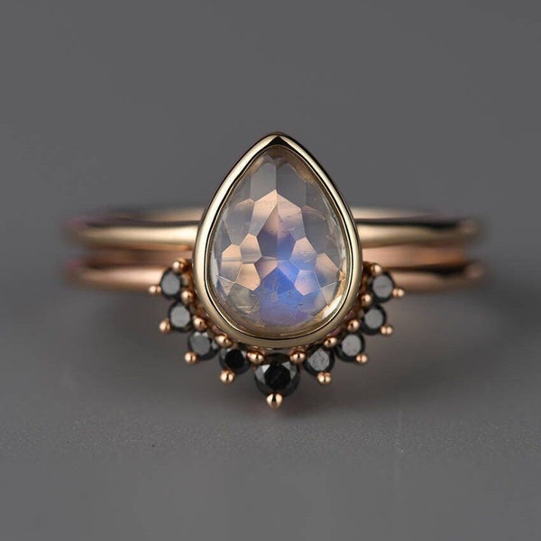 Vintage Pear Moonstone Engagement Ring set Black Diamond ring rose Gold Wedding ring set Bridal Stacking ring promise Anniversary ring