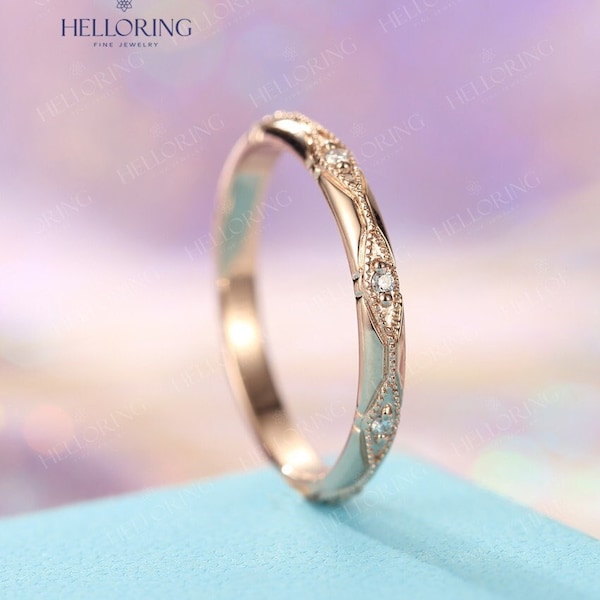 Vintage 14K Rose Gold Wedding Band Women Art Deco Diamond ring Delicate Milgrain Bridal ring Antique Stacking matching ring Anniversary ring
