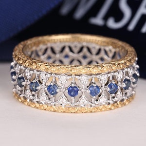 Antique Sapphire Wedding Band, Full Eternity Filigree Two Tone Ring, Art Deco Diamond Ring, Unique Anniversary Promise Ring