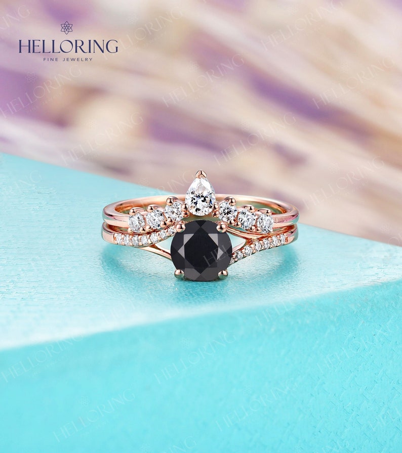 Vintage Round Cut Black Onyx Engagement Ring Set Rose Gold Pear Cut Moissanite Curved Wedding Band Unique Cluster Pave Ring Promise Ring image 1