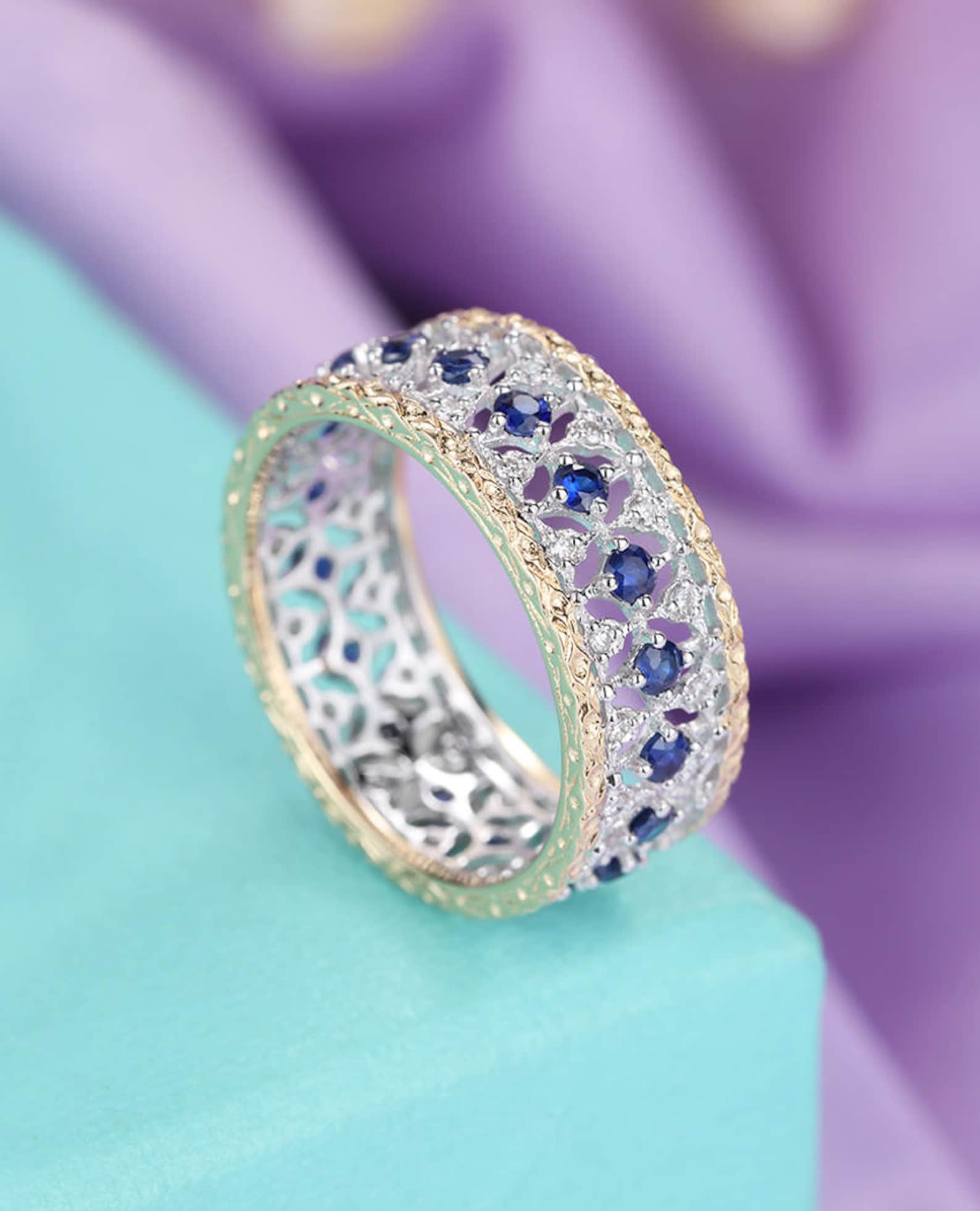 Antique Sapphire Wedding Band Eternity Filigree Ring Vintage Etsy