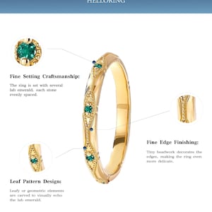 May include: A gold ring featuring a series of evenly spaced lab emerald stones set within carved leaf or geometric patterns. The band includes fine beadwork along the edges. Text includes RING DETAIL DESCRIPTION, HELLORING, and Support for customized birthstone rings.