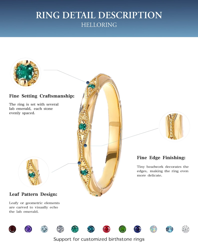 May include: A gold ring featuring a series of evenly spaced lab emerald stones set within carved leaf or geometric patterns. The band includes fine beadwork along the edges. Text includes RING DETAIL DESCRIPTION, HELLORING, and Support for customized birthstone rings.