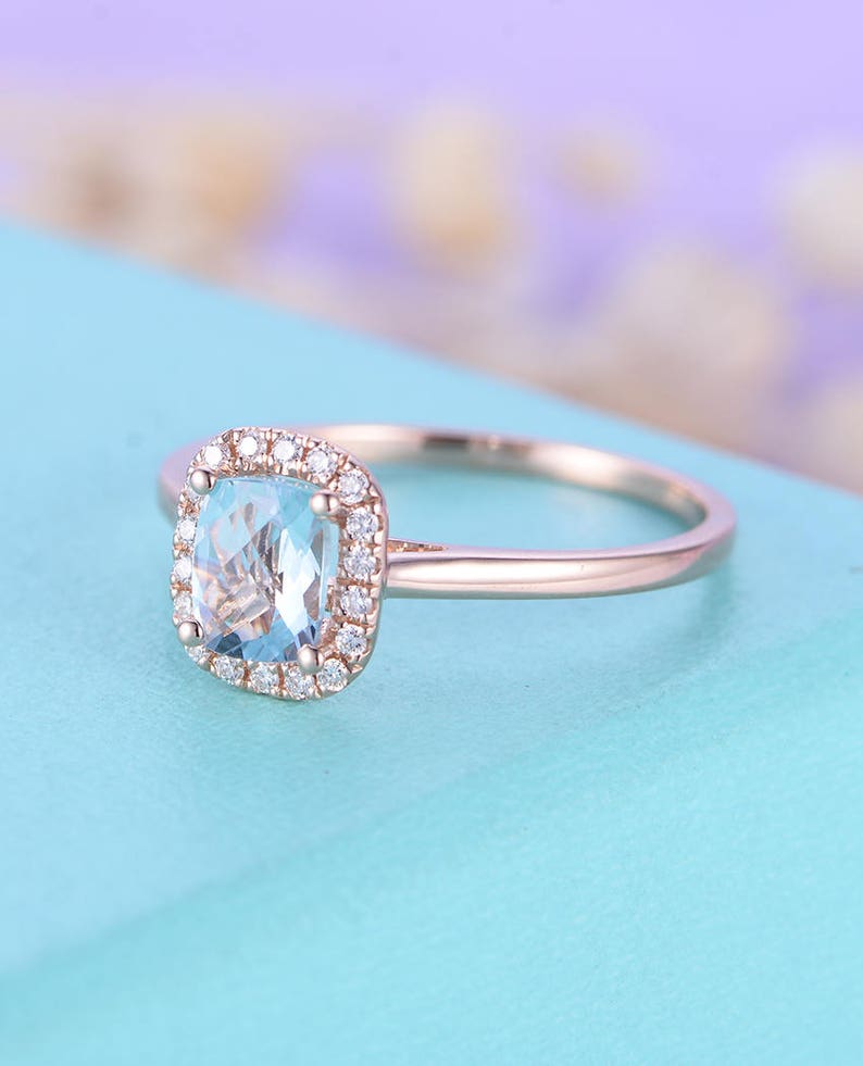 Aquamarine Engagement Ring Rose Gold Art Deco Antique Wedding | Etsy