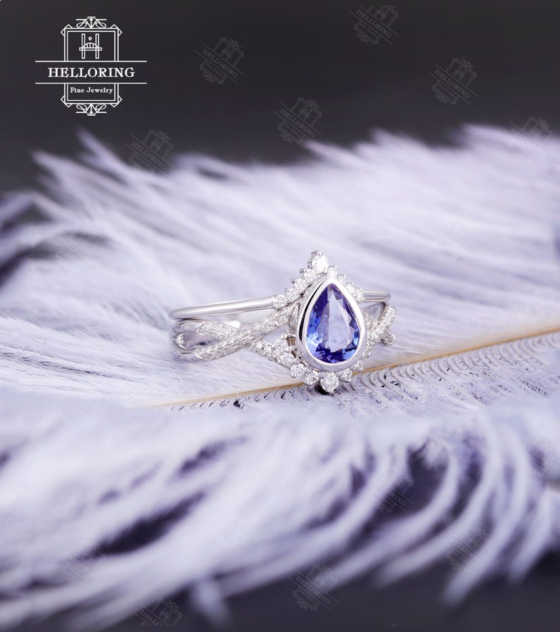 Tanzanite Engagement ring set white gold Vintage wedding ring Pear cut Art deco Curved diamond Moissanite band Anniversary Promise ring image 5