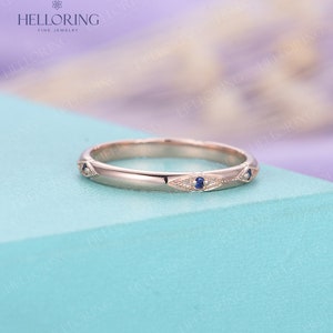 Vintage Sapphire wedding band Rose gold band Unique straight Matching band Art deco Bridal band half eternity Anniversary band image 4