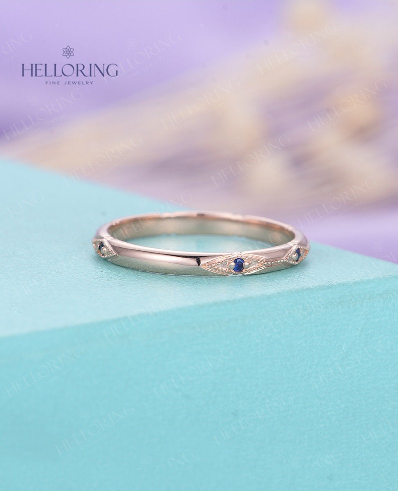 Vintage Sapphire wedding band Rose gold band Unique straight Matching band Art deco Bridal band half eternity Anniversary band image 4