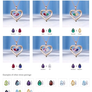 May include: Rose gold heart pendant necklaces with different gemstone pairings, such as amethyst, ruby, emerald, and sapphire. The image includes the text: "More than 80% of the customers choose these stones."