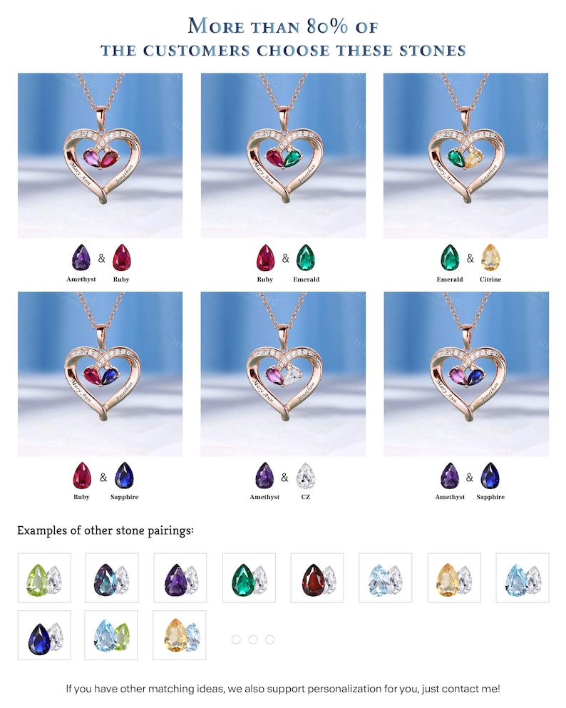 May include: Rose gold heart pendant necklaces with different gemstone pairings, such as amethyst, ruby, emerald, and sapphire. The image includes the text: "More than 80% of the customers choose these stones."